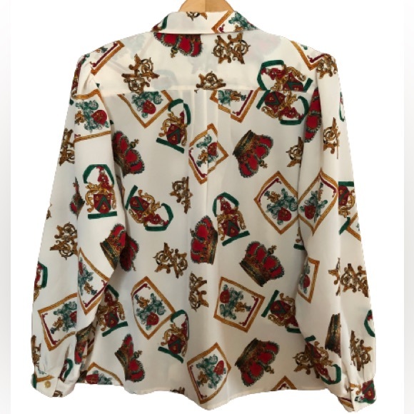 Vintage 80s Medieval Royal Regal Core Crown Monarchy Latin Novelty Blouse L/XL - Picture 4 of 17